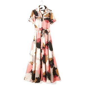 Banana Republic Pink Grey Tan Cream Floral Maxi Shirt Dress with Short Sleeves